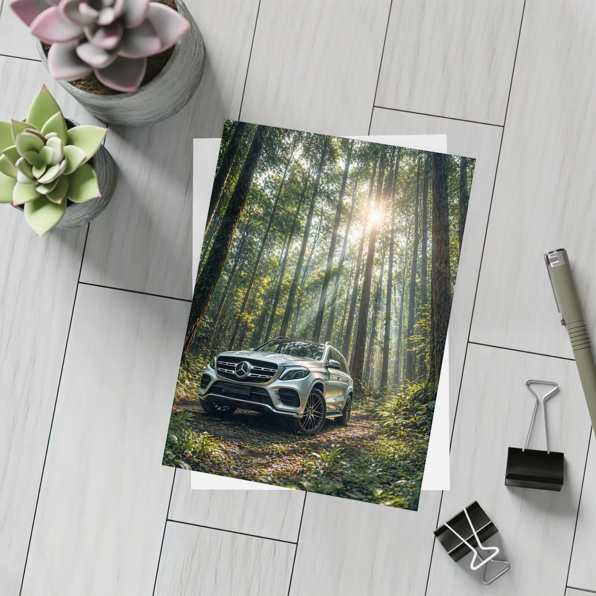 Mercedes Benz GLS Silver SUV Forest Light – Postcards