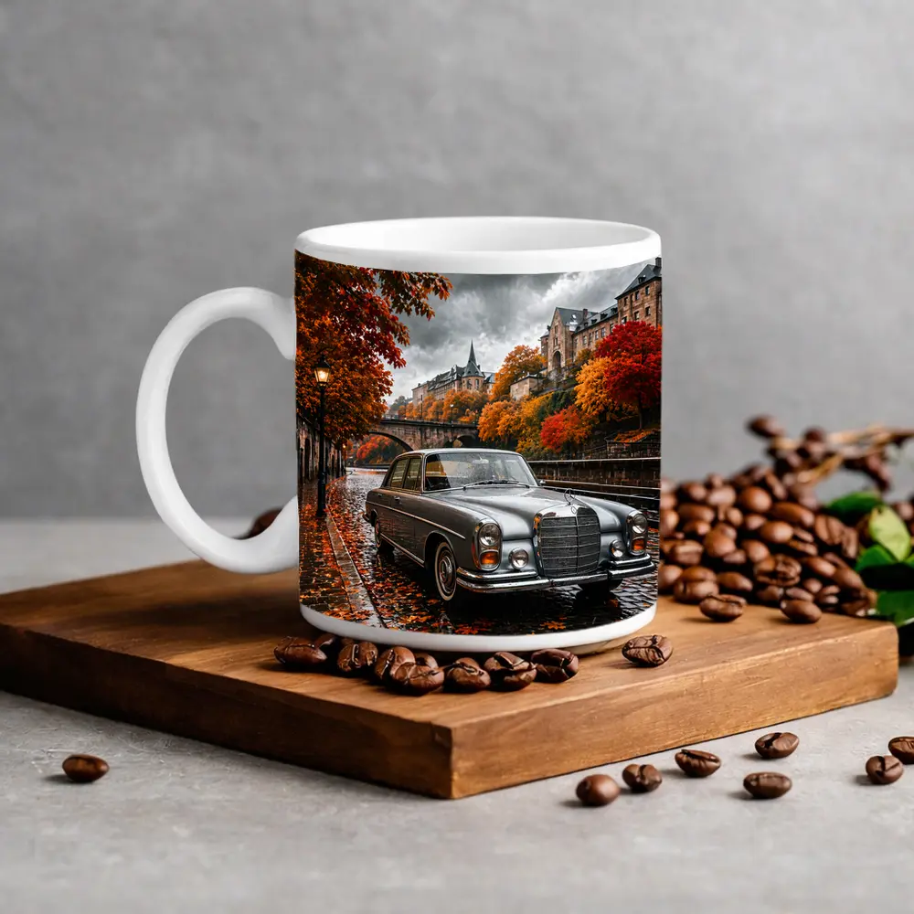 Mercedes S Class Wet Cobblestone Autumn Street – Mugs