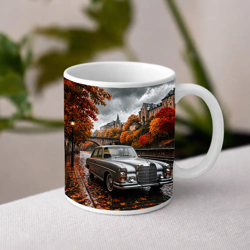 Mercedes S Class Wet Cobblestone Autumn Street – Mugs