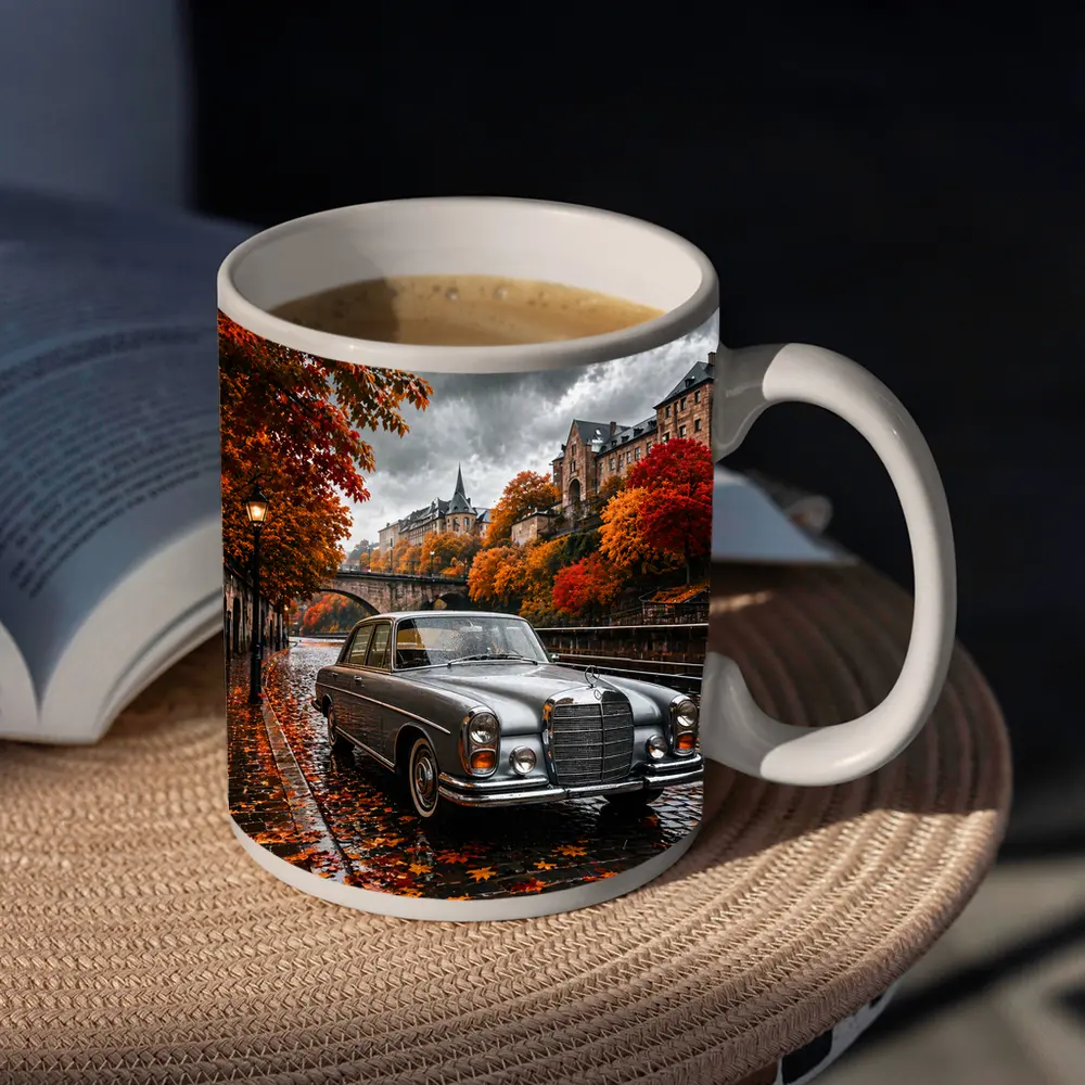 Mercedes S Class Wet Cobblestone Autumn Street – Mugs