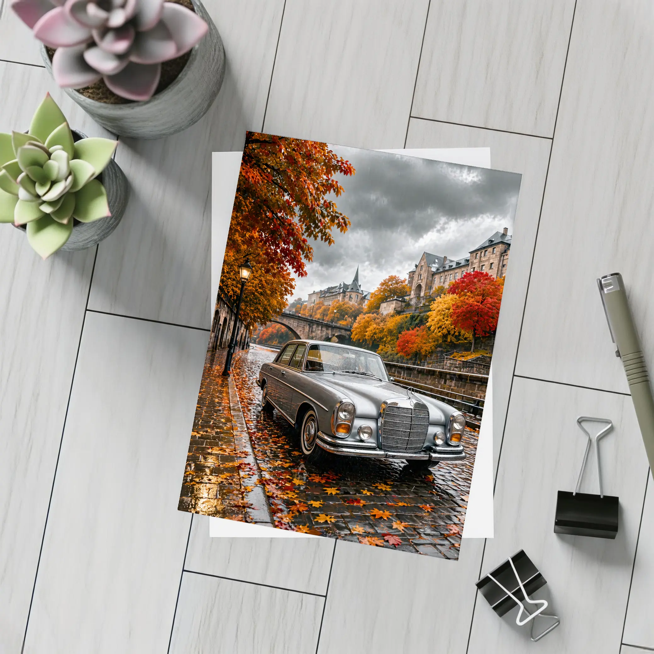 Mercedes S Class Wet Cobblestone Autumn Street – Postcards