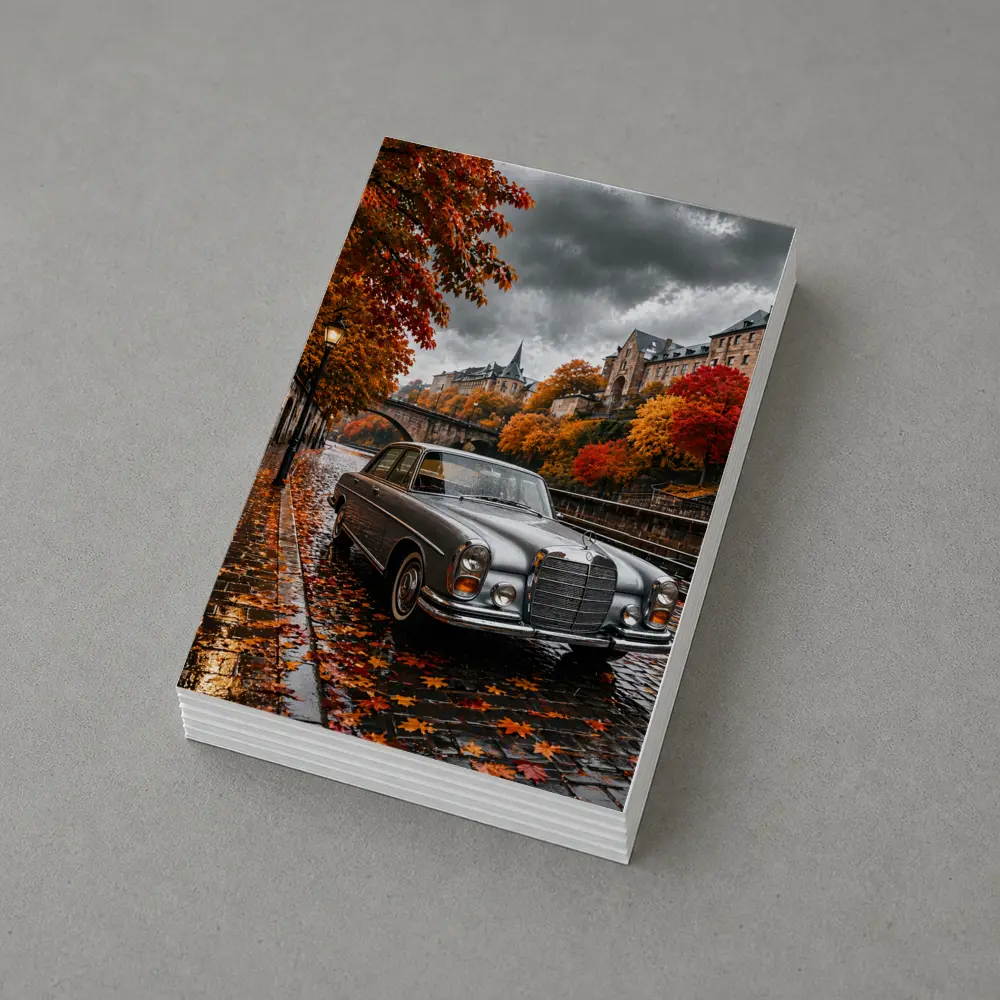 Mercedes S Class Wet Cobblestone Autumn Street – Postcards