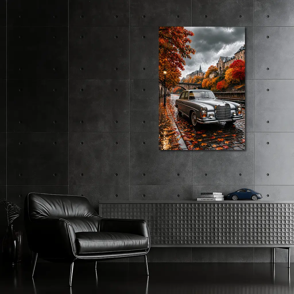Mercedes S Class Wet Cobblestone Autumn Street – Wall Art