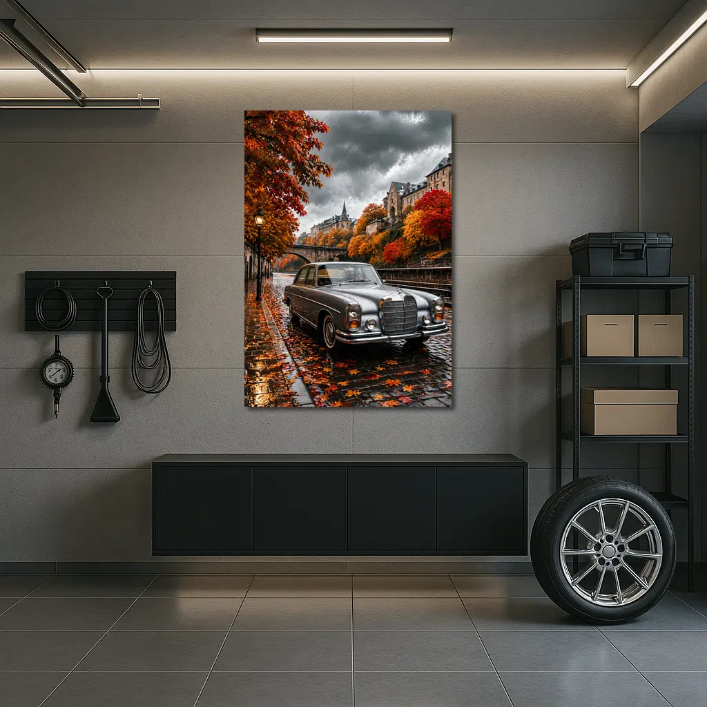Mercedes S Class Wet Cobblestone Autumn Street – Wall Art