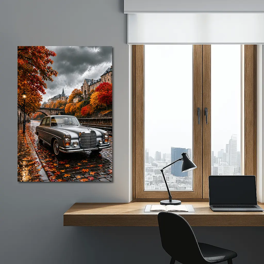 Mercedes S Class Wet Cobblestone Autumn Street – Wall Art