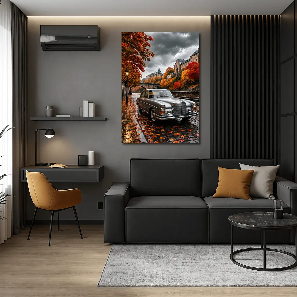 Mercedes S Class Wet Cobblestone Autumn Street – Wall Art