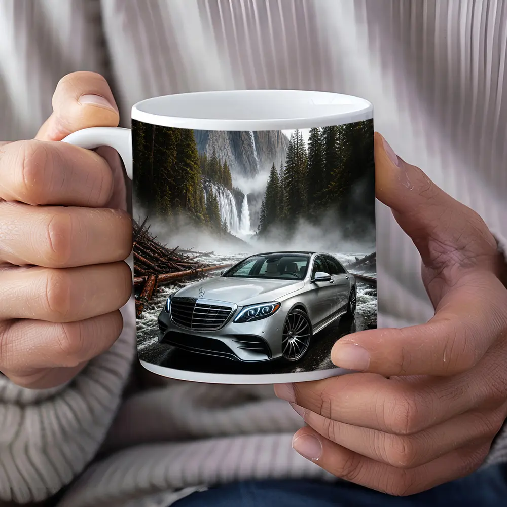 Mercedes S Class Silver Sedan Waterfall Forest – Mugs