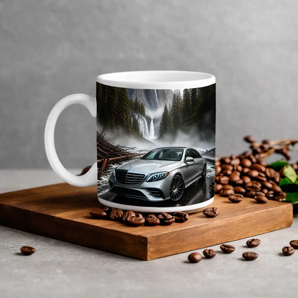 Mercedes S Class Silver Sedan Waterfall Forest – Mugs