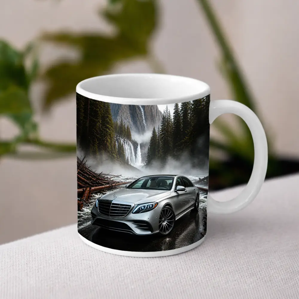 Mercedes S Class Silver Sedan Waterfall Forest – Mugs