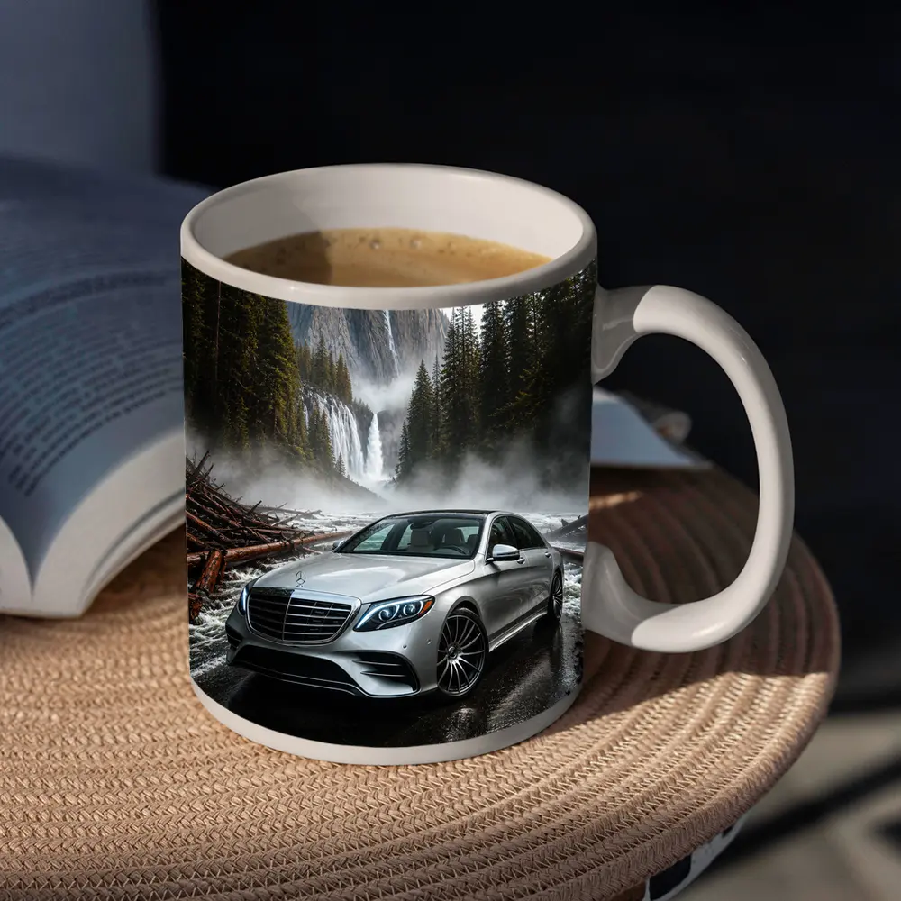 Mercedes S Class Silver Sedan Waterfall Forest – Mugs