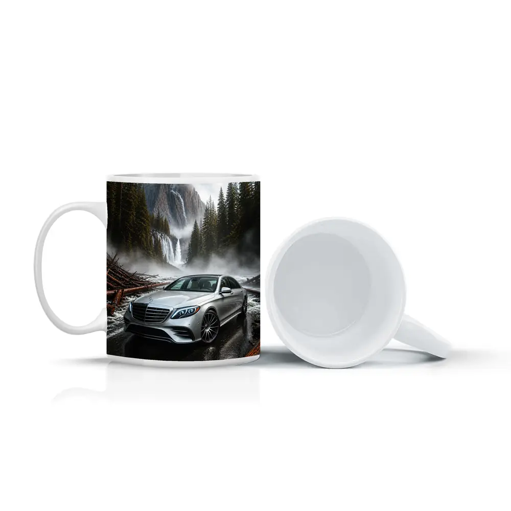 Mercedes S Class Silver Sedan Waterfall Forest – Mugs