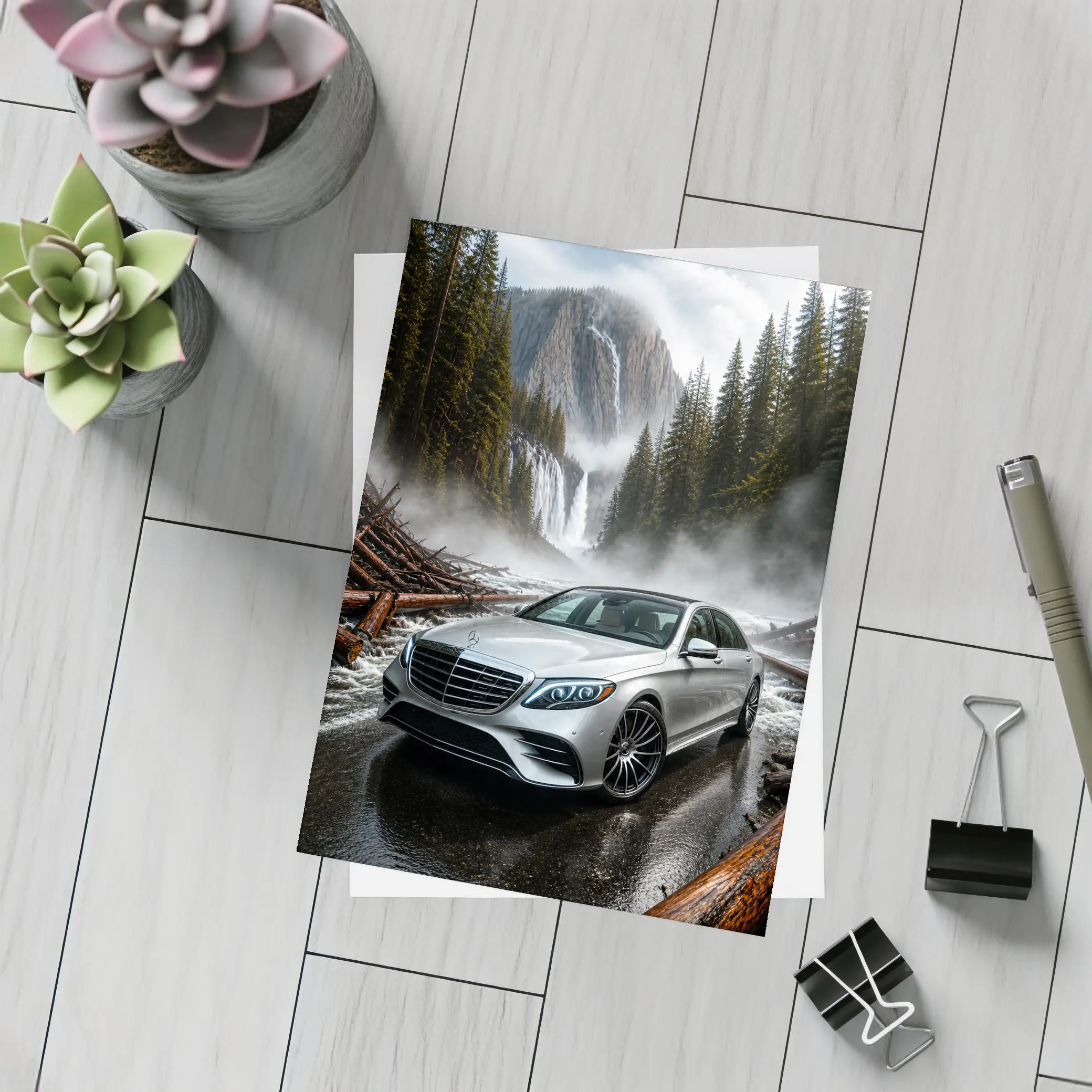 Mercedes S Class Silver Sedan Waterfall Forest – Postcards