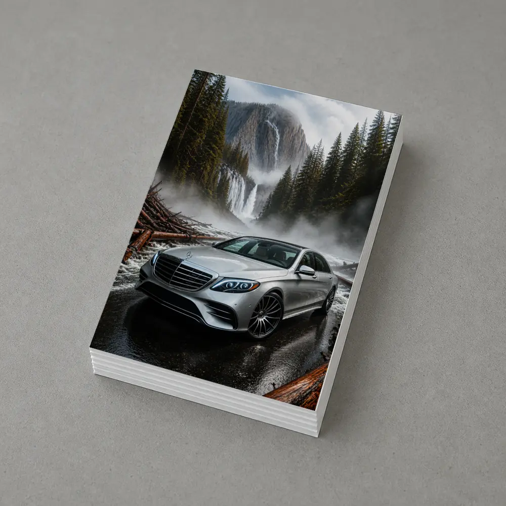 Mercedes S Class Silver Sedan Waterfall Forest – Postcards