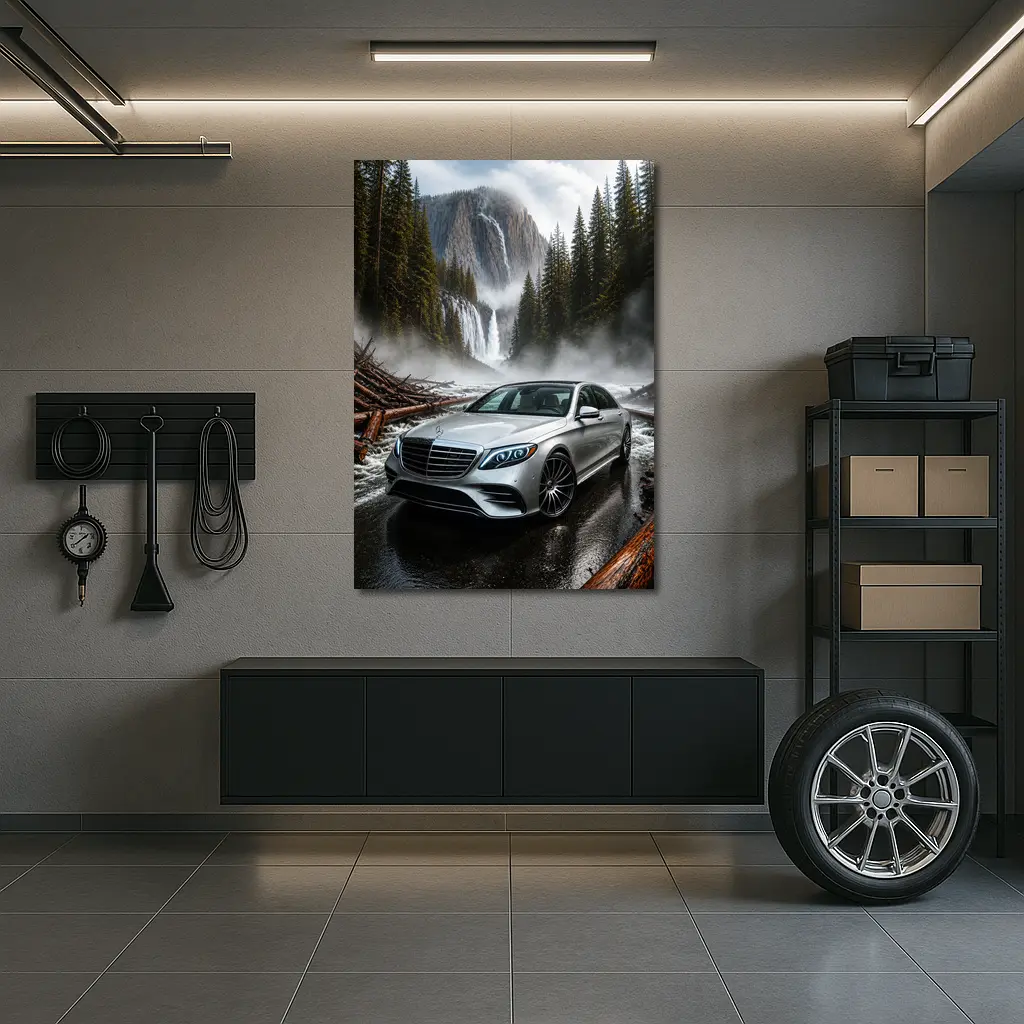 Mercedes S Class Silver Sedan Waterfall Forest – Wall Art