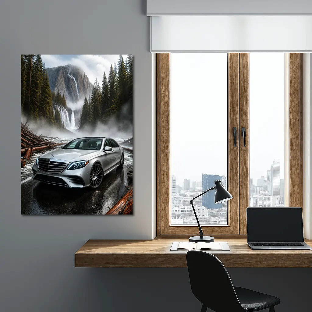 Mercedes S Class Silver Sedan Waterfall Forest – Wall Art
