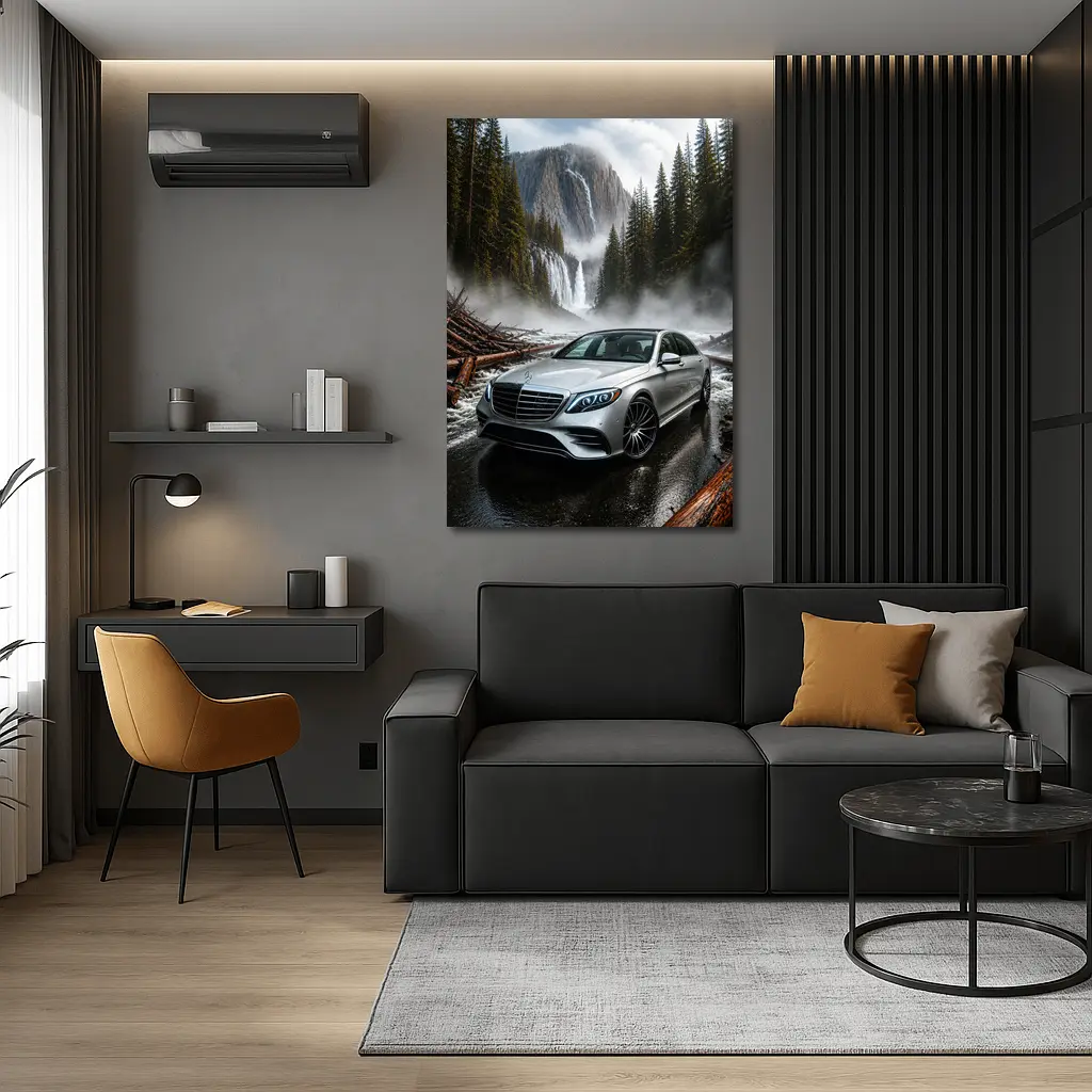Mercedes S Class Silver Sedan Waterfall Forest – Wall Art