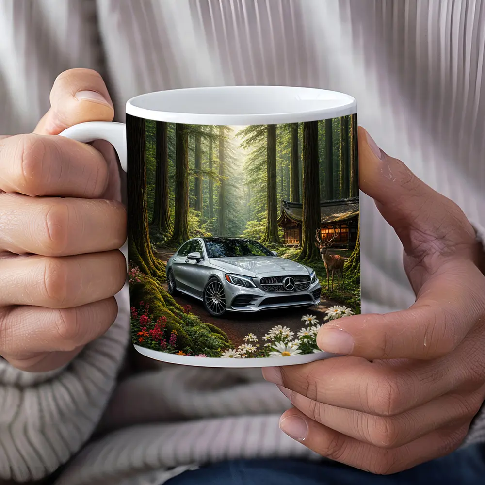 Mercedes C Class Silver Car Forest Setting – Mugs