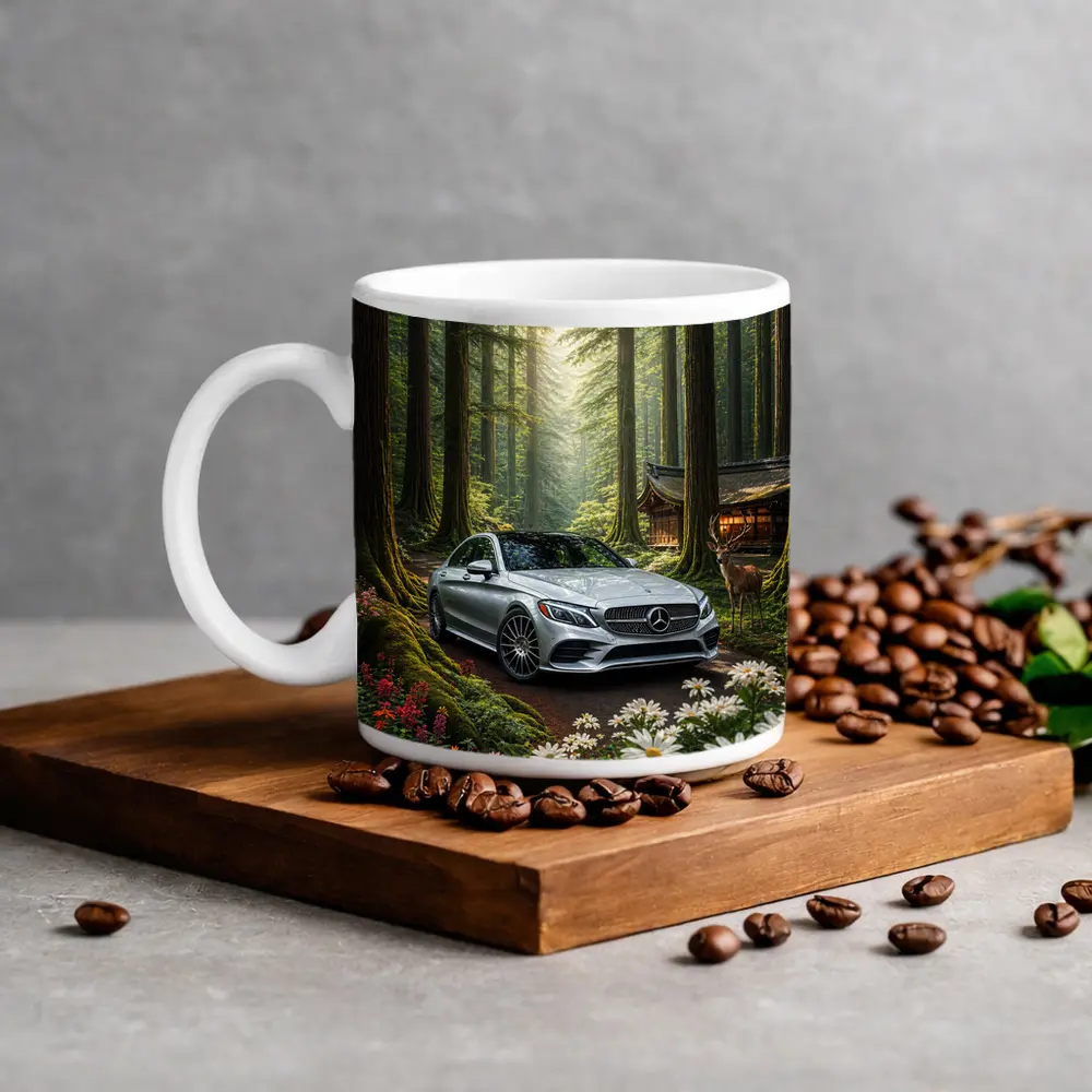 Mercedes C Class Silver Car Forest Setting – Mugs