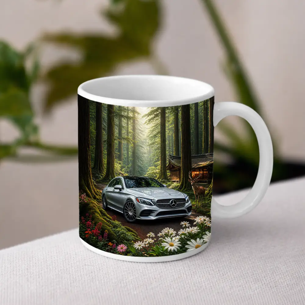 Mercedes C Class Silver Car Forest Setting – Mugs