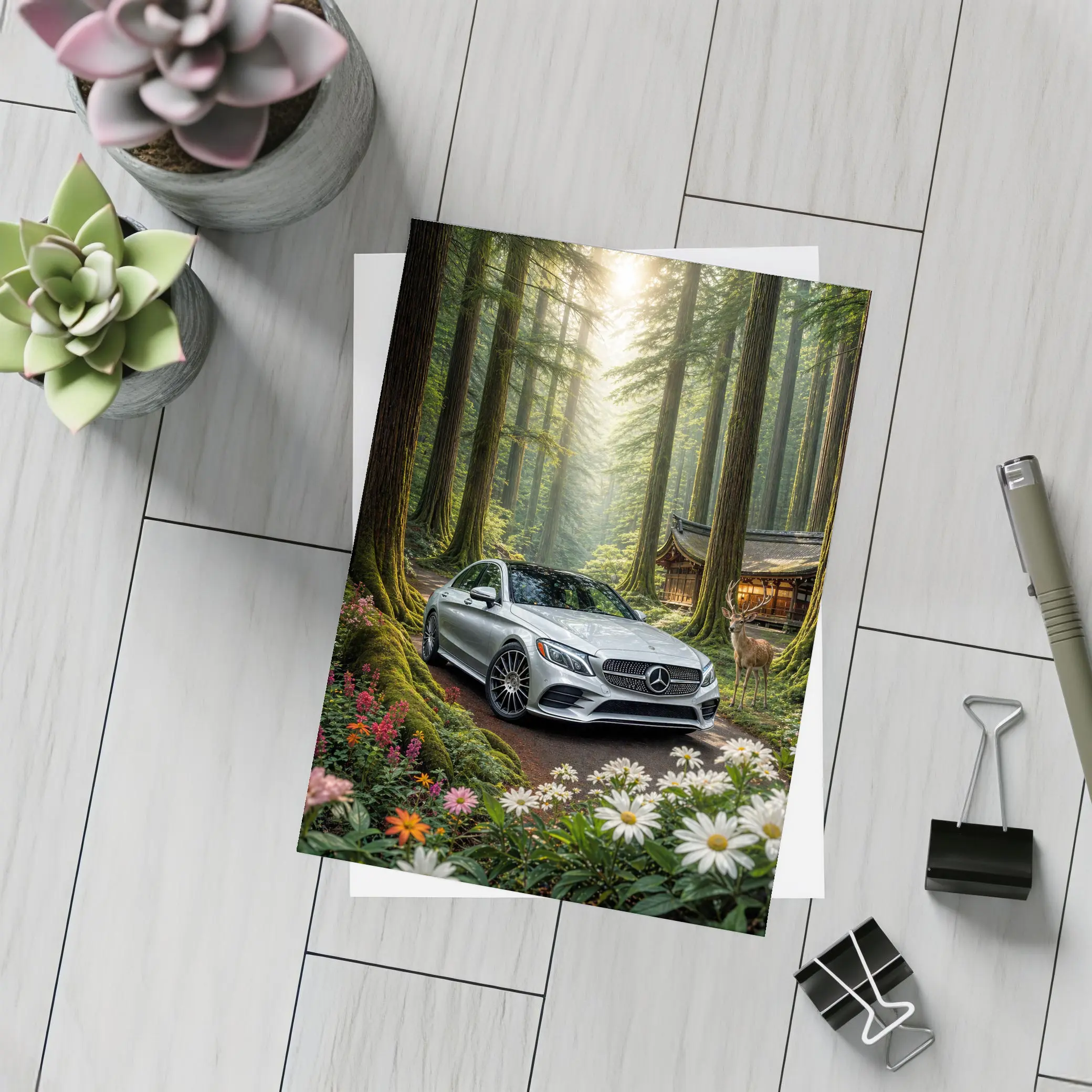 Mercedes C Class Silver Car Forest Setting – Postcards