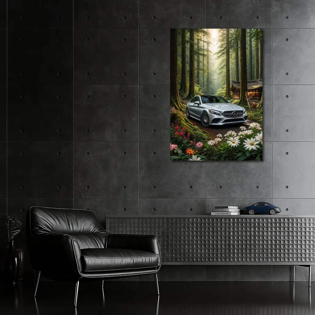 Mercedes C Class Silver Car Forest Setting – Wall Art