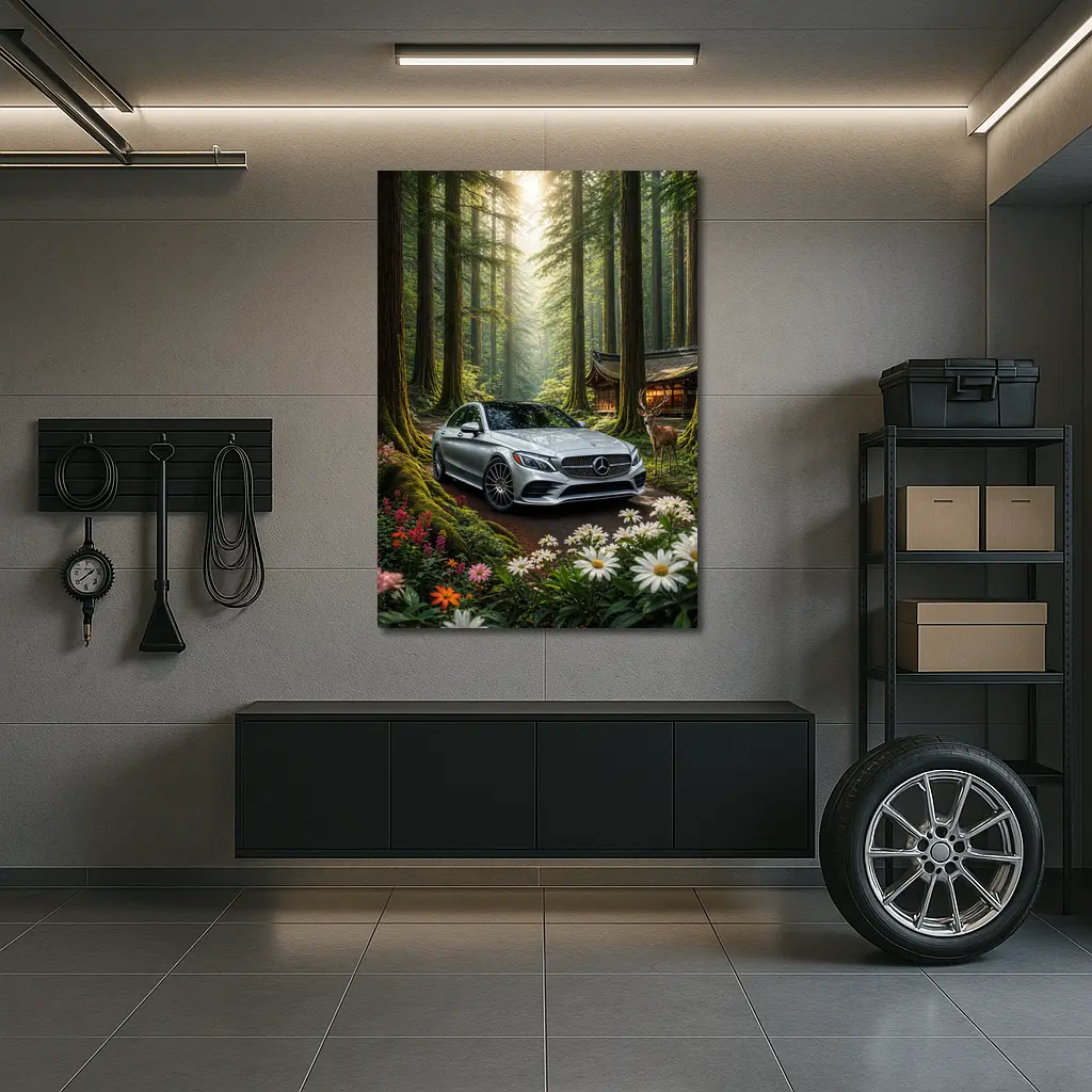 Mercedes C Class Silver Car Forest Setting – Wall Art