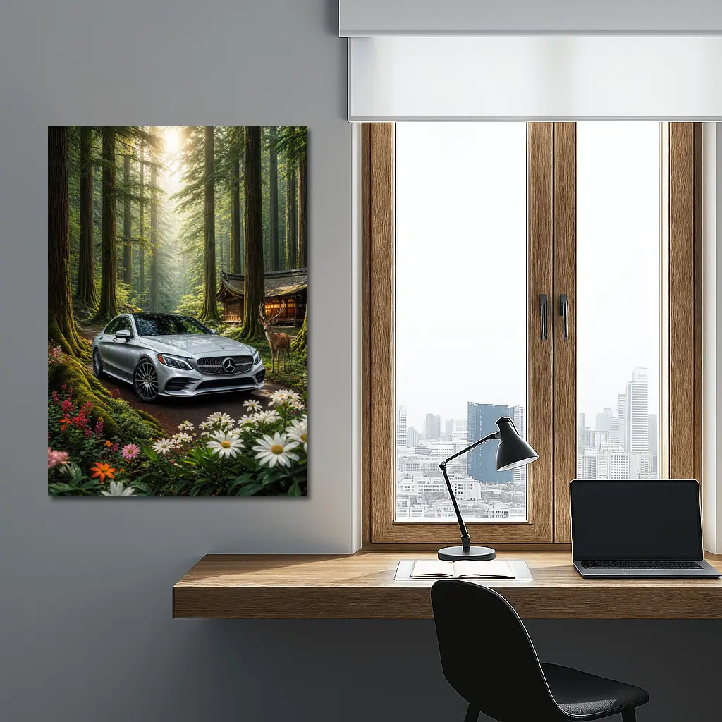 Mercedes C Class Silver Car Forest Setting – Wall Art