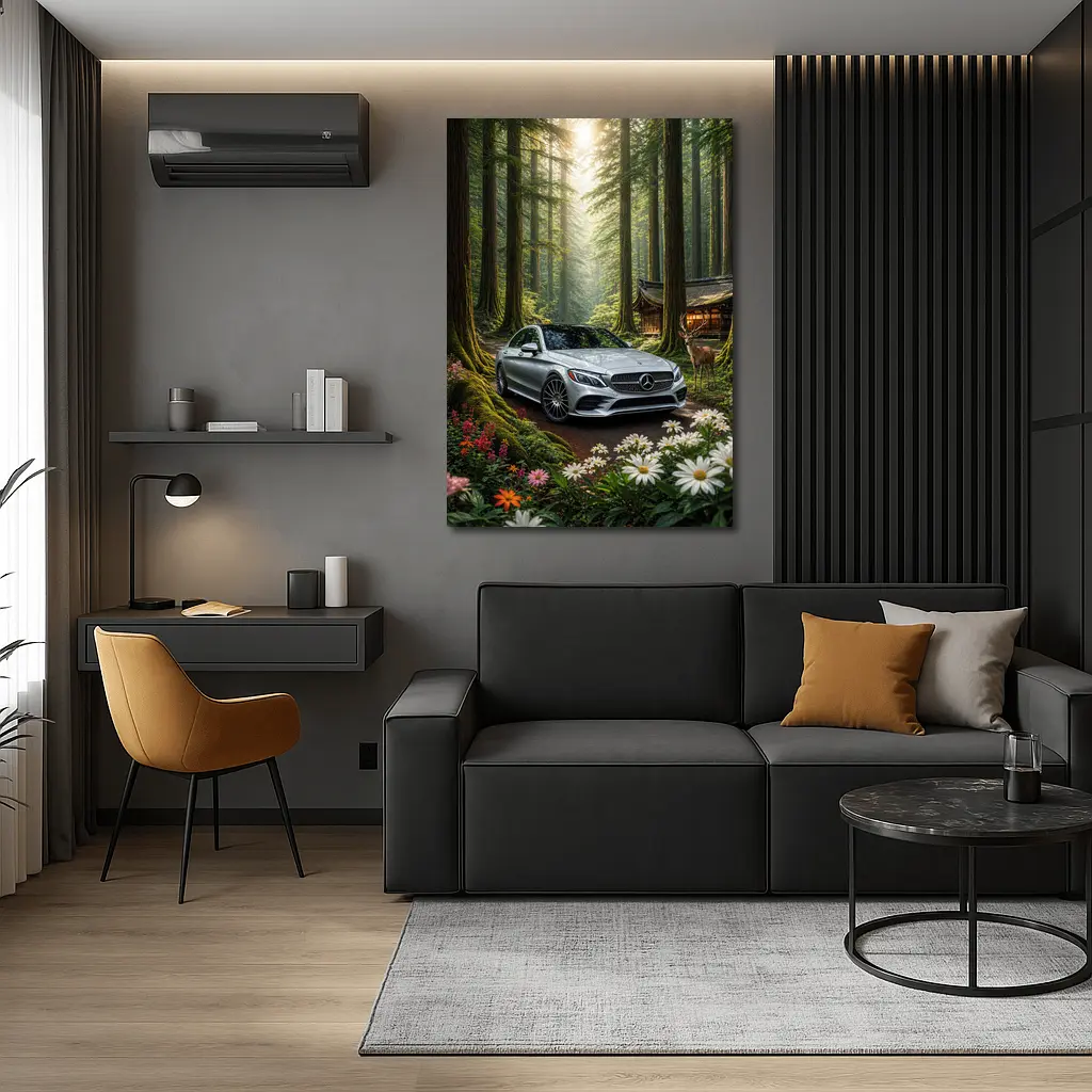 Mercedes C Class Silver Car Forest Setting – Wall Art