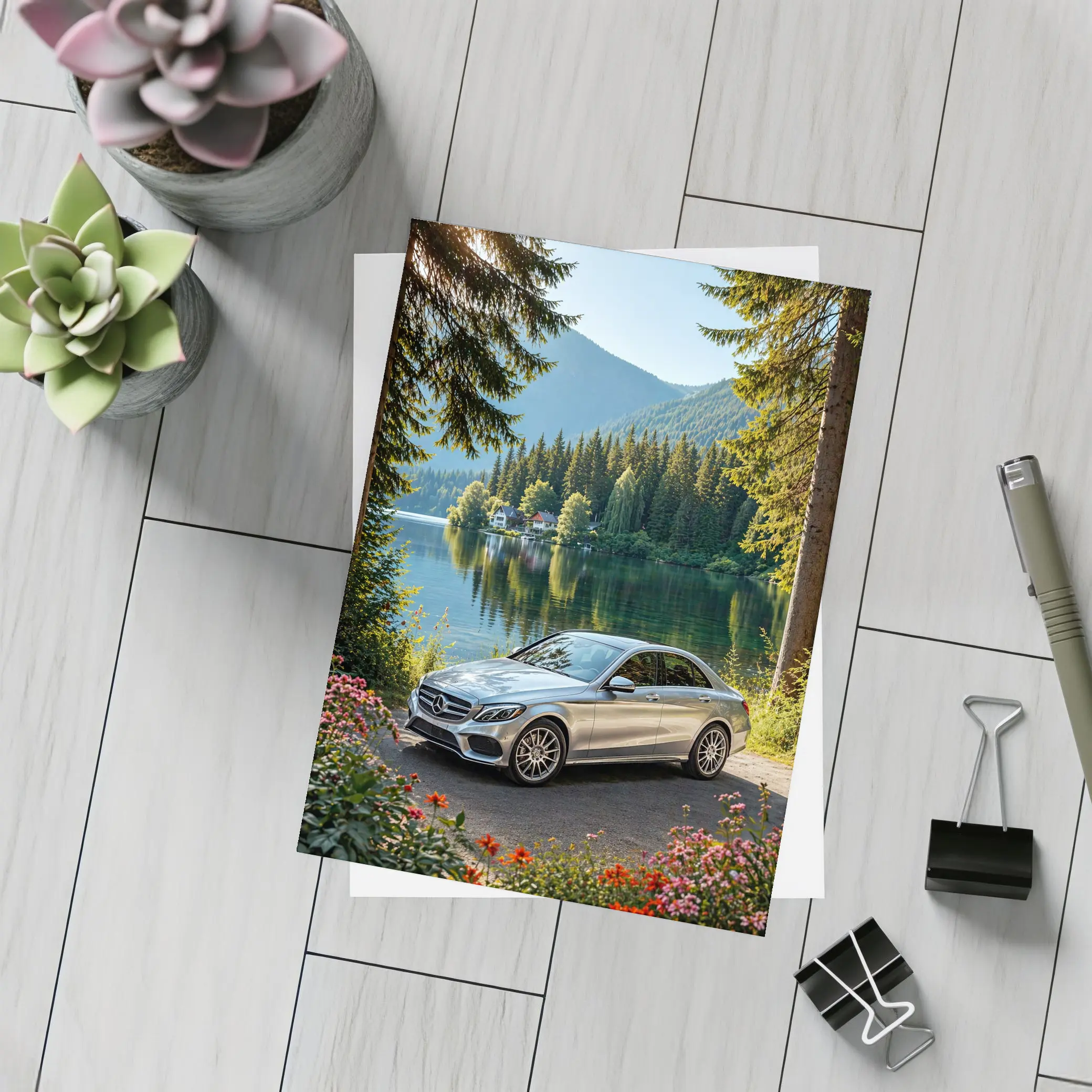 Mercedes C Class Silver Sedan by Lake – Postcards