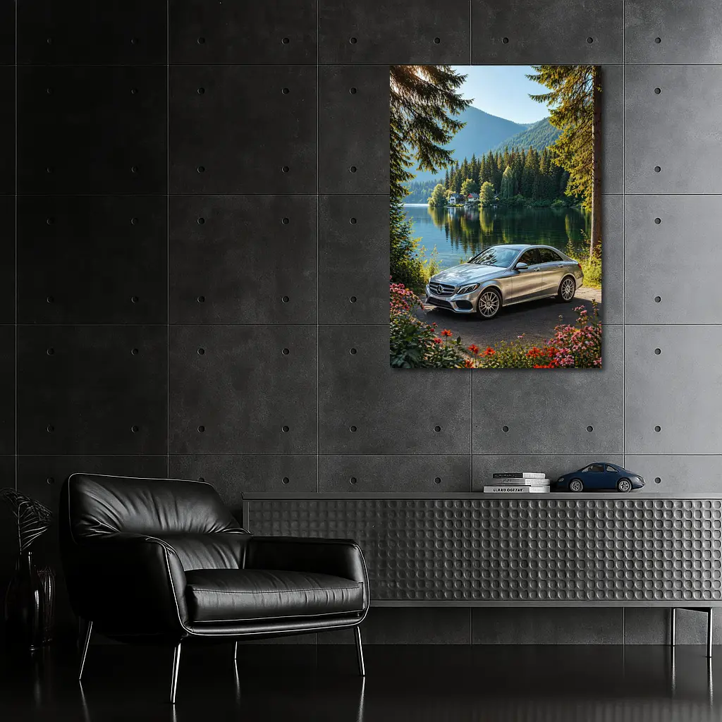 Mercedes C Class Silver Sedan by Lake – Wall Art