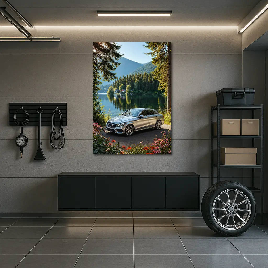 Mercedes C Class Silver Sedan by Lake – Wall Art