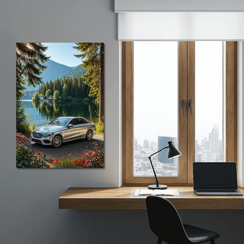 Mercedes C Class Silver Sedan by Lake – Wall Art