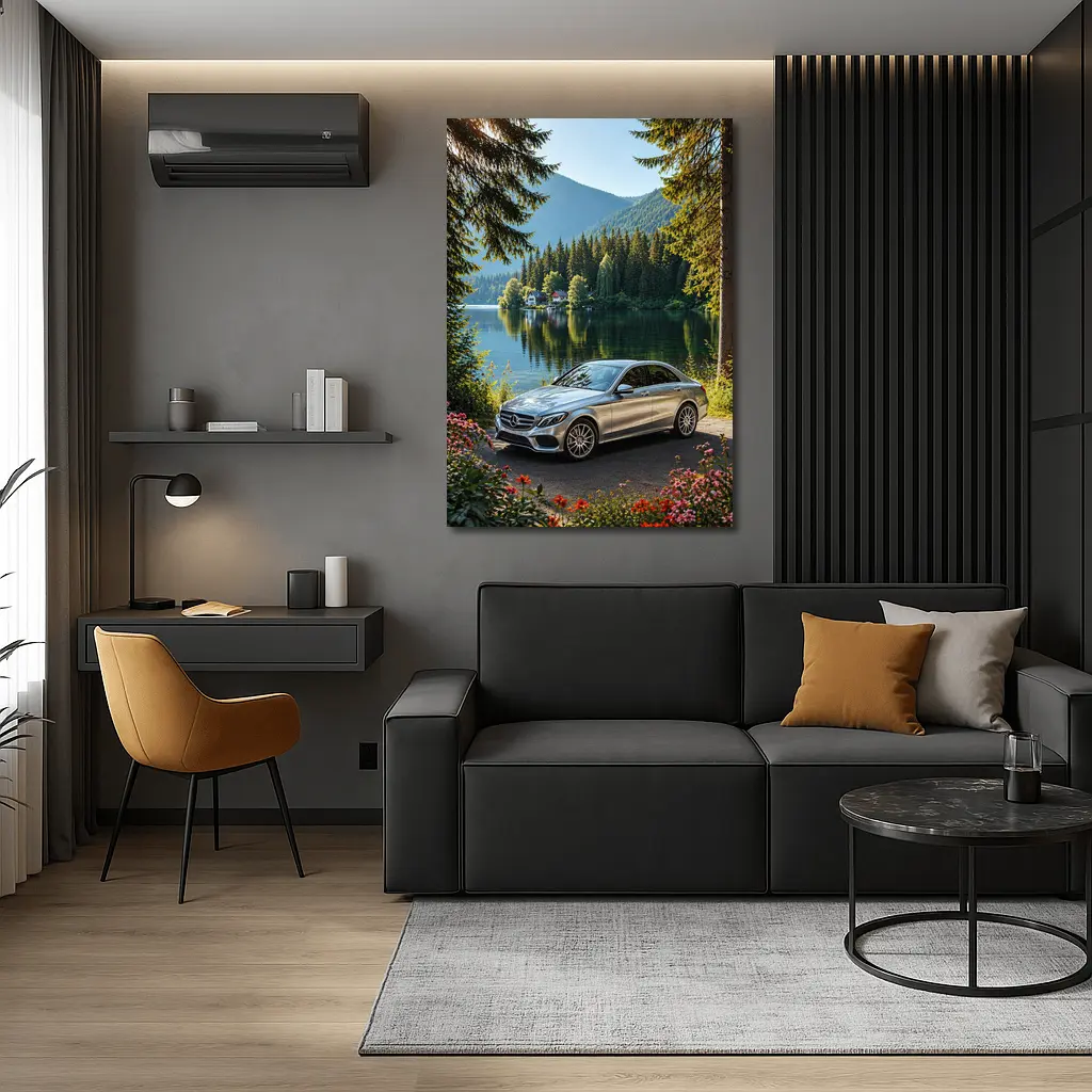 Mercedes C Class Silver Sedan by Lake – Wall Art