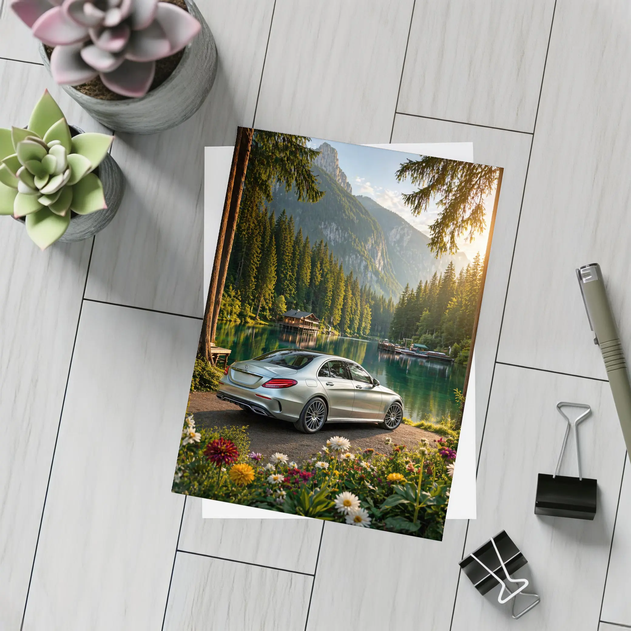 Mercedes C Class Silver Sedan Mountain Lake – Postcards