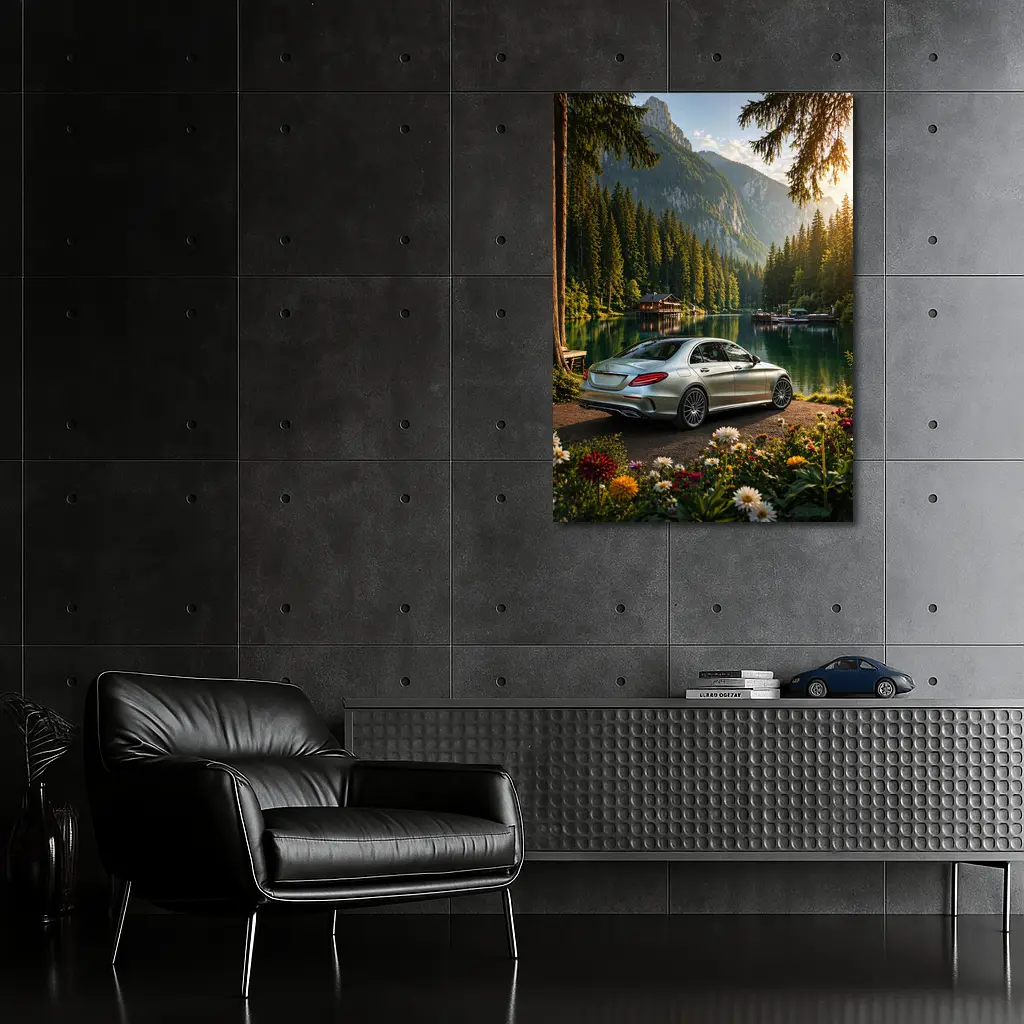 Mercedes C Class Silver Sedan Mountain Lake – Wall Art