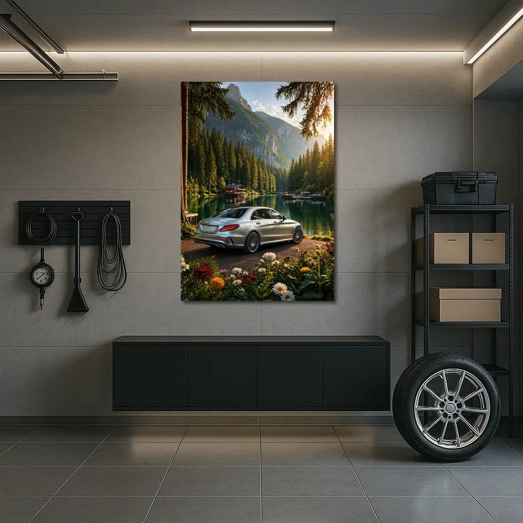 Mercedes C Class Silver Sedan Mountain Lake – Wall Art