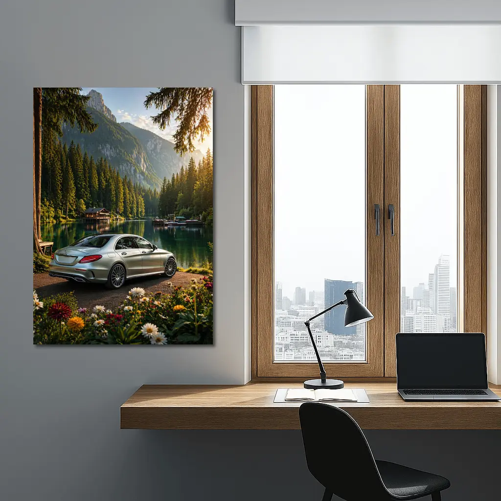 Mercedes C Class Silver Sedan Mountain Lake – Wall Art