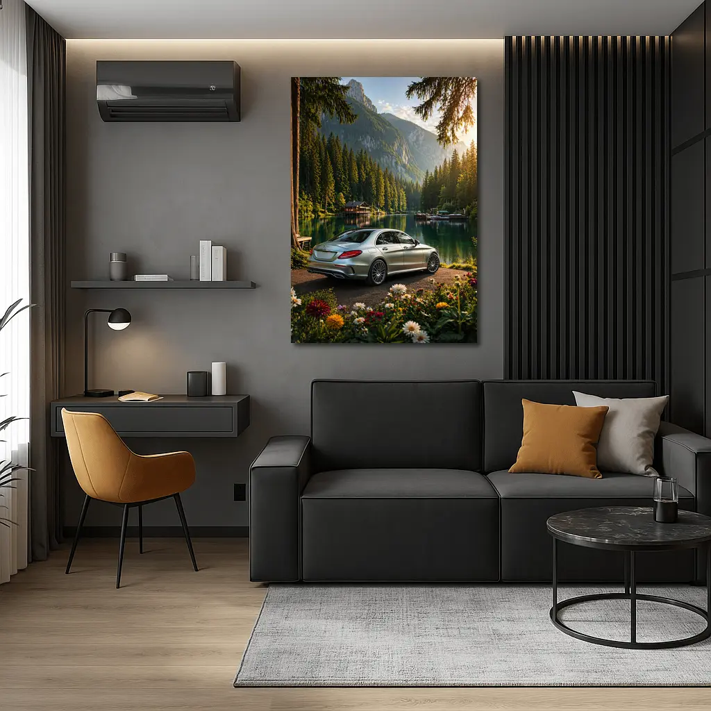 Mercedes C Class Silver Sedan Mountain Lake – Wall Art