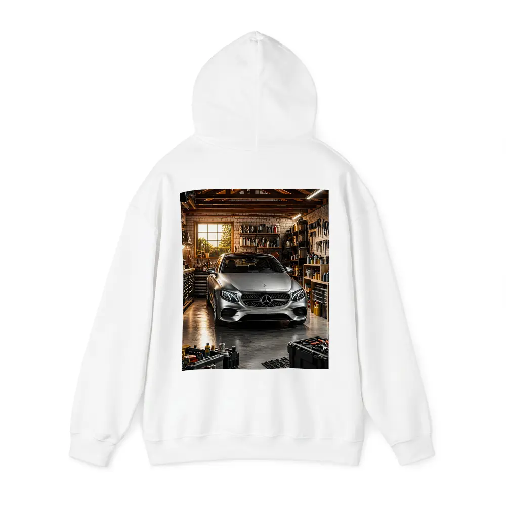 Mercedes E Class Silver Car Garage Setting – Hoodies
