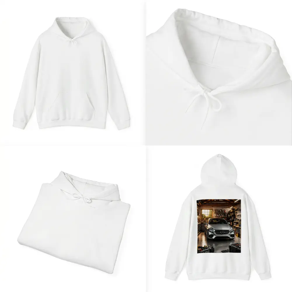 Mercedes E Class Silver Car Garage Setting – Hoodies