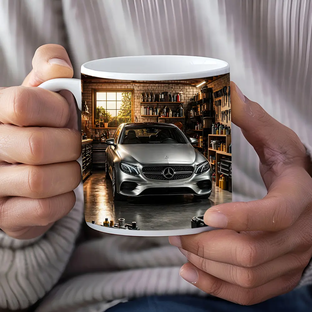 Mercedes E Class Silver Car Garage Setting – Mugs