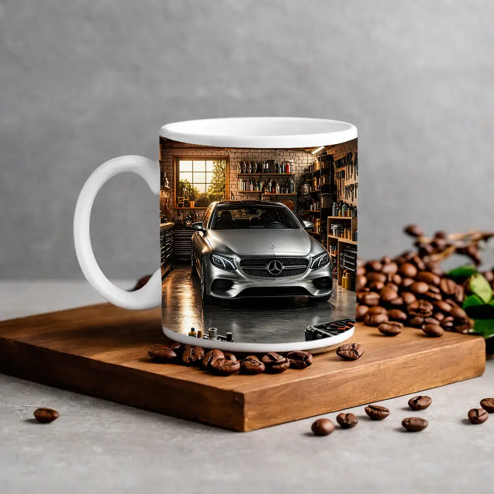 Mercedes E Class Silver Car Garage Setting – Mugs