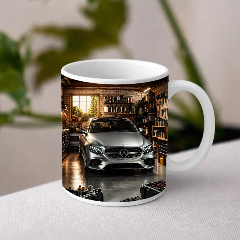 Mercedes E Class Silver Car Garage Setting – Mugs