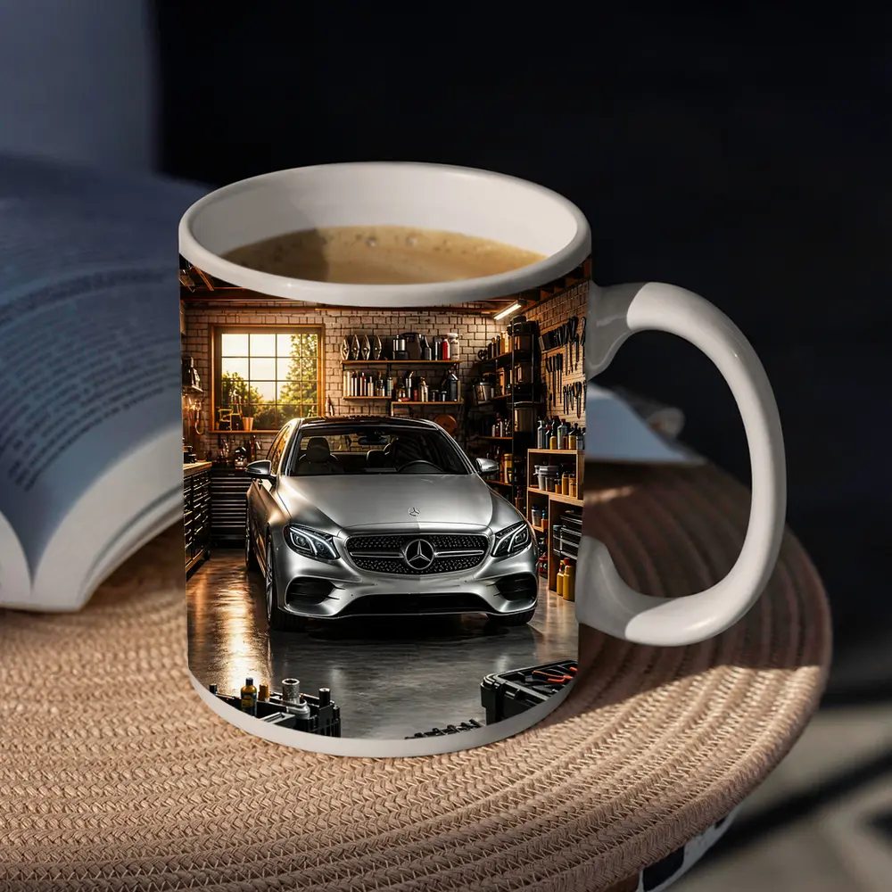 Mercedes E Class Silver Car Garage Setting – Mugs