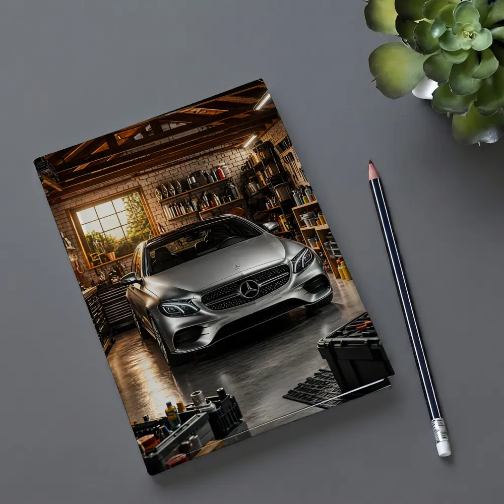 Mercedes E Class Silver Car Garage Setting – Notebooks