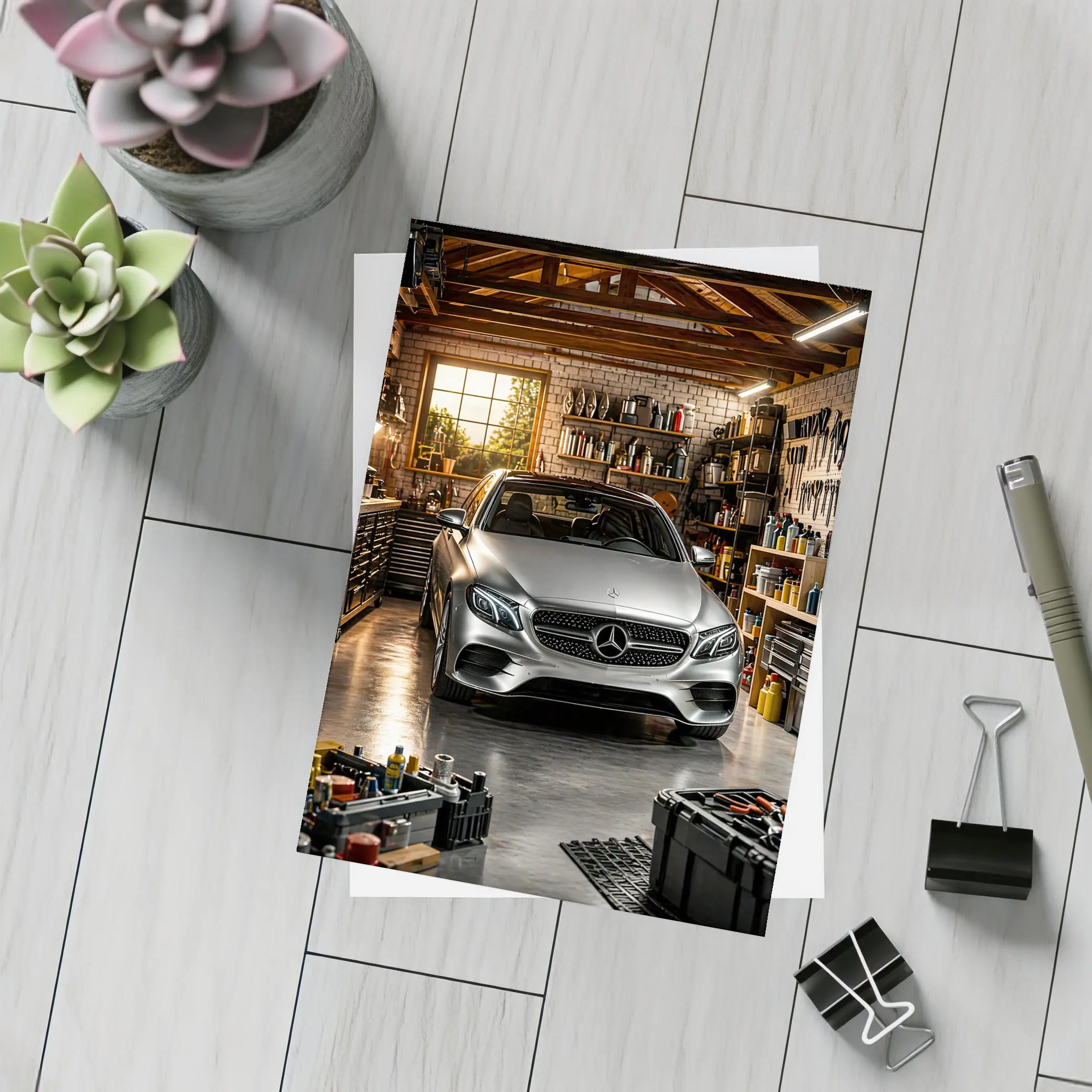 Mercedes E Class Silver Car Garage Setting – Postcards
