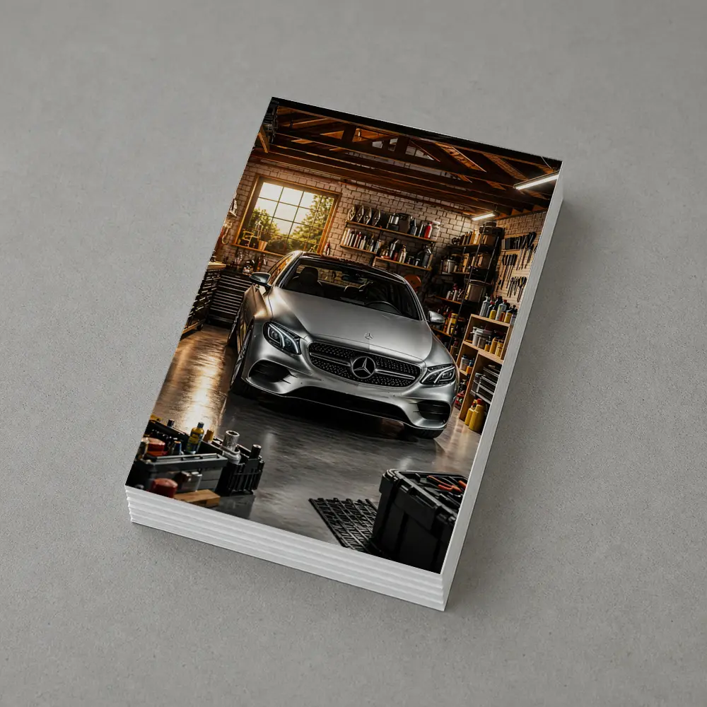 Mercedes E Class Silver Car Garage Setting – Postcards