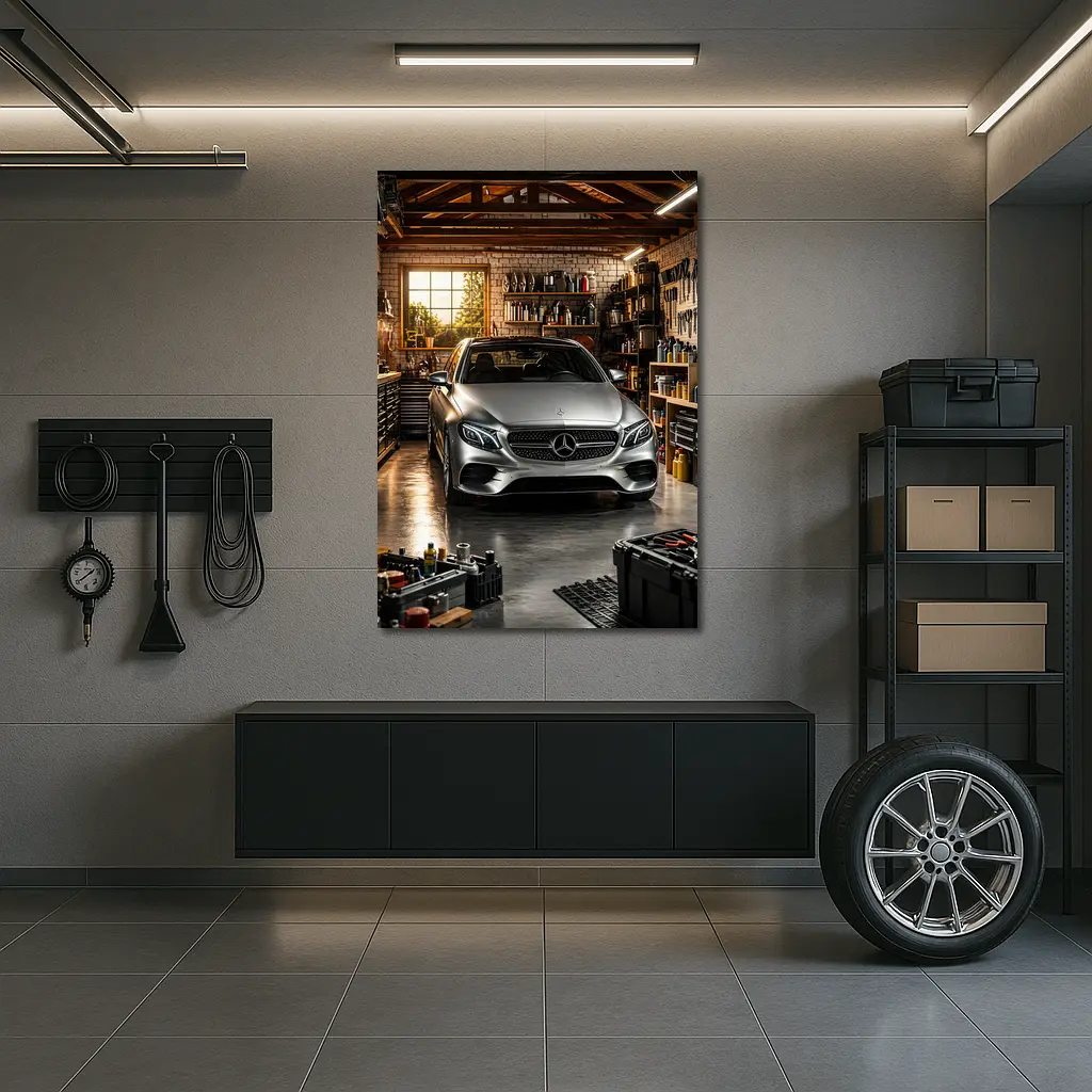Mercedes E Class Silver Car Garage Setting – Wall Art