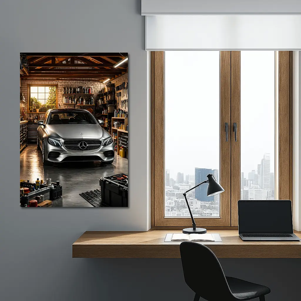 Mercedes E Class Silver Car Garage Setting – Wall Art