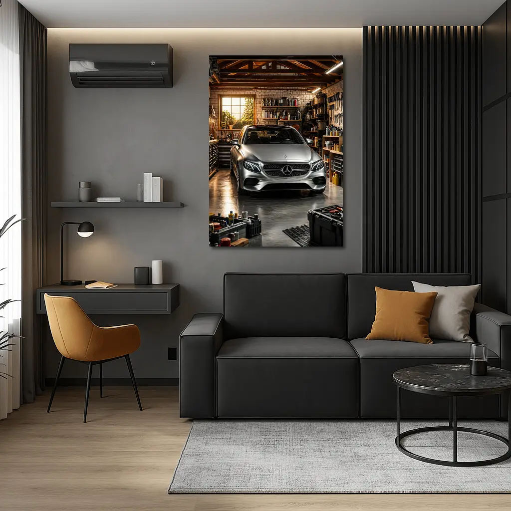 Mercedes E Class Silver Car Garage Setting – Wall Art